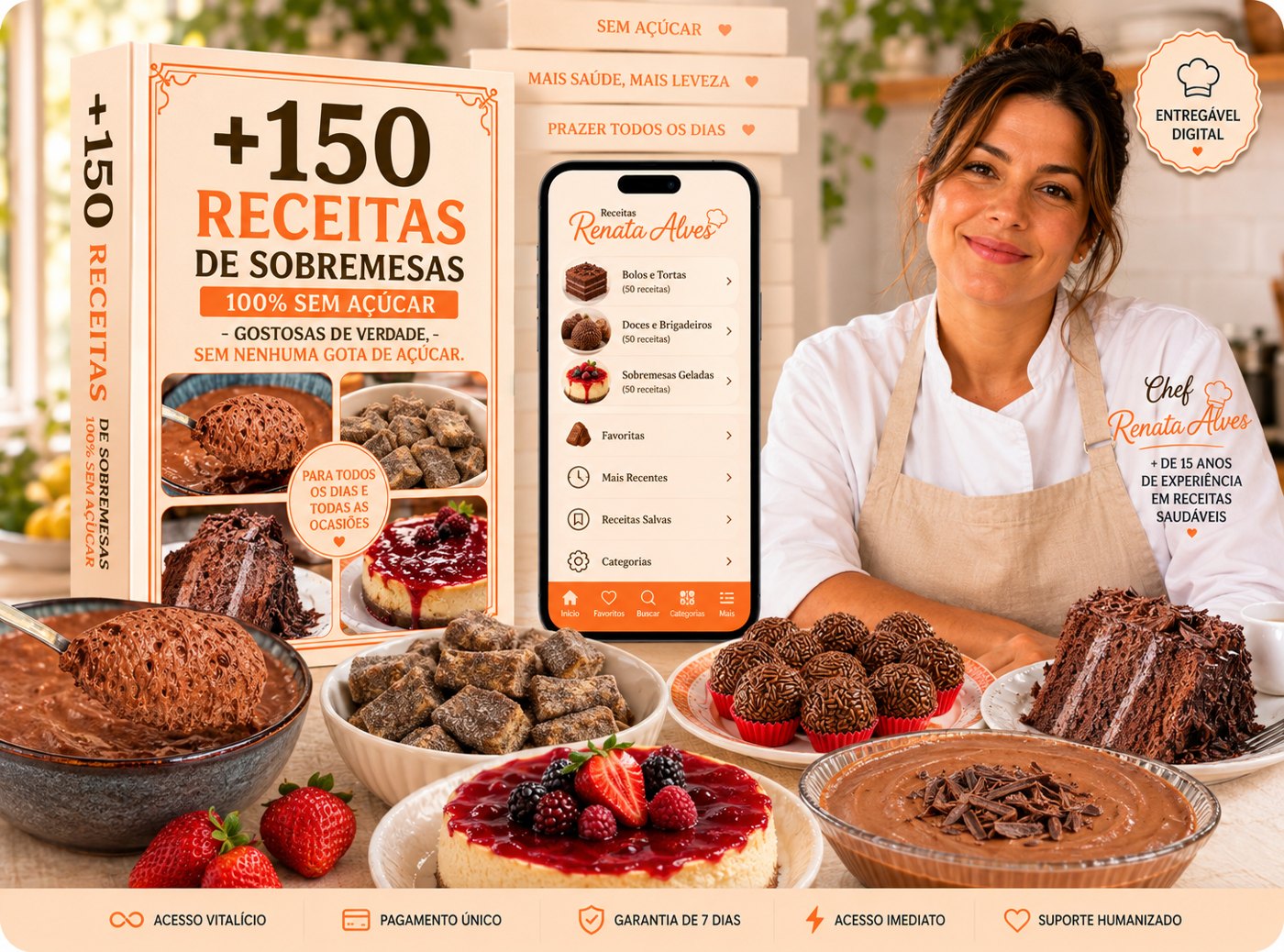 Chef Renata Alves apresentando o +150 Sobremesas 100% Sem Açúcar